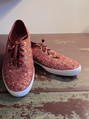 Keds Rose Gold Sequin Sneakers – Satin Ribbon Laces - size 10